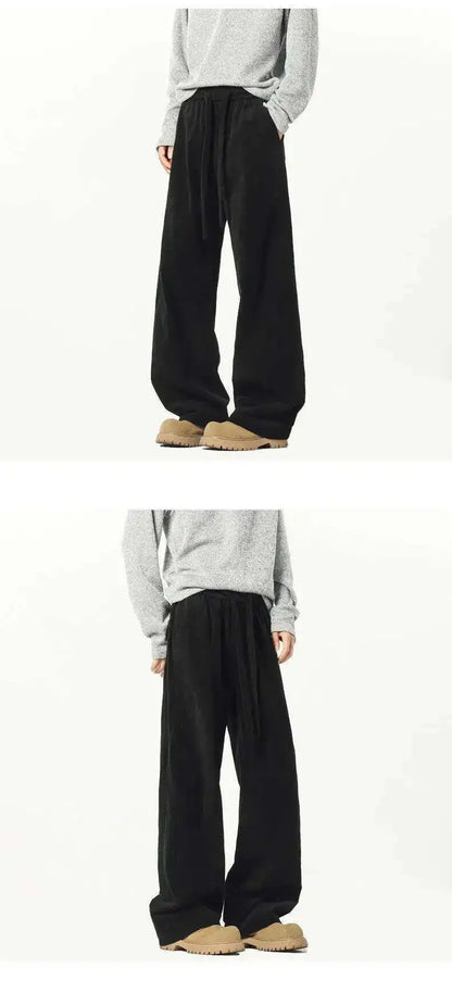 Elastic Waist Men's Casual Pants Solid Color Drawstring Straight Corduroy Machete Trousers Wide Leg Male Bottom 2025 9W588 XL57
