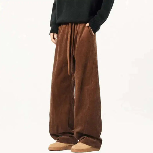 Elastic Waist Men's Casual Pants Solid Color Drawstring Straight Corduroy Machete Trousers Wide Leg Male Bottom 2025 9W588 XL57