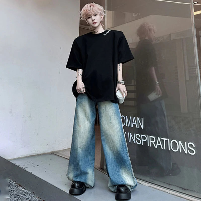 韓国モード系、オーバーサイズ、メタルバックルラウンドネックトップス　XL3
