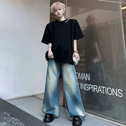 韓国モード系、オーバーサイズ、メタルバックルラウンドネックトップス　XL3