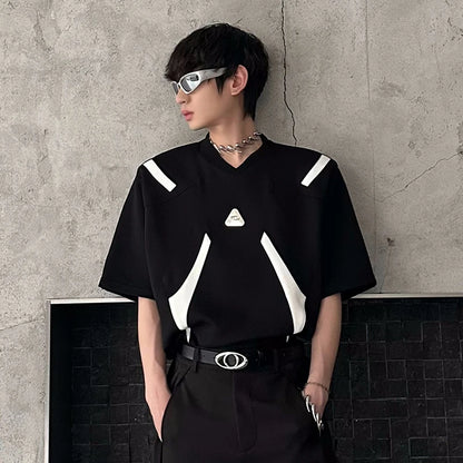 Contrast Color Patchwork Men's Tees Metal Detachable Shoulder Pads New Short Sleeved O-neck Male T-shirts XL36