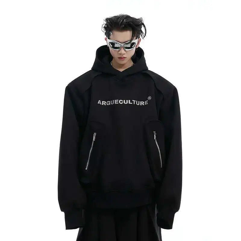 Korean Style Men's Hoodies Patchwork Three-dimensional Pockets Shoulder Pads Letter Printing Loose Male Sweatshirts XL35