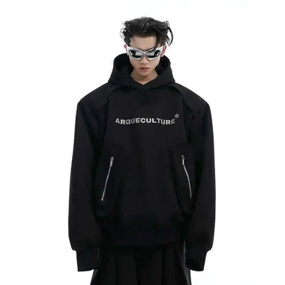 Korean Style Men's Hoodies Patchwork Three-dimensional Pockets Shoulder Pads Letter Printing Loose Male Sweatshirts XL35