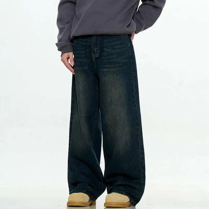 Simple Men's Denim Trousers Solid Color Casual Worn-out Washing Straight Bottom Wide Leg Loose Male Jeans Fashion 9W431 XL54