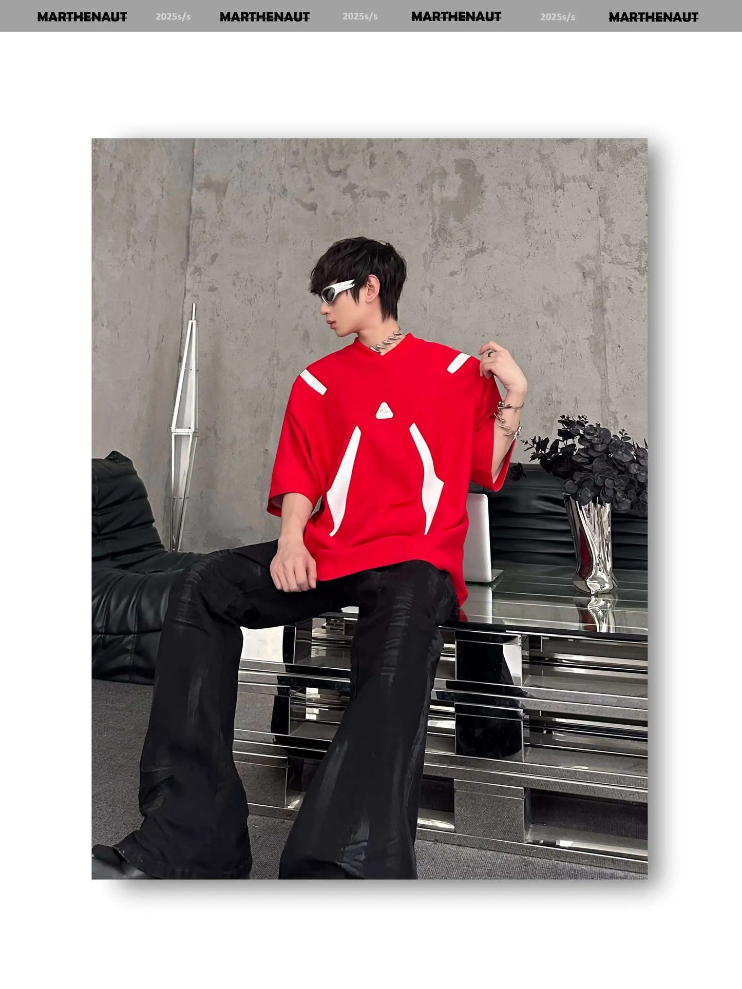 Contrast Color Patchwork Men's Tees Metal Detachable Shoulder Pads New Short Sleeved O-neck Male T-shirts XL36