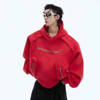 Korean Style Men's Hoodies Patchwork Three-dimensional Pockets Shoulder Pads Letter Printing Loose Male Sweatshirts XL35
