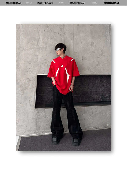 Contrast Color Patchwork Men's Tees Metal Detachable Shoulder Pads New Short Sleeved O-neck Male T-shirts XL36