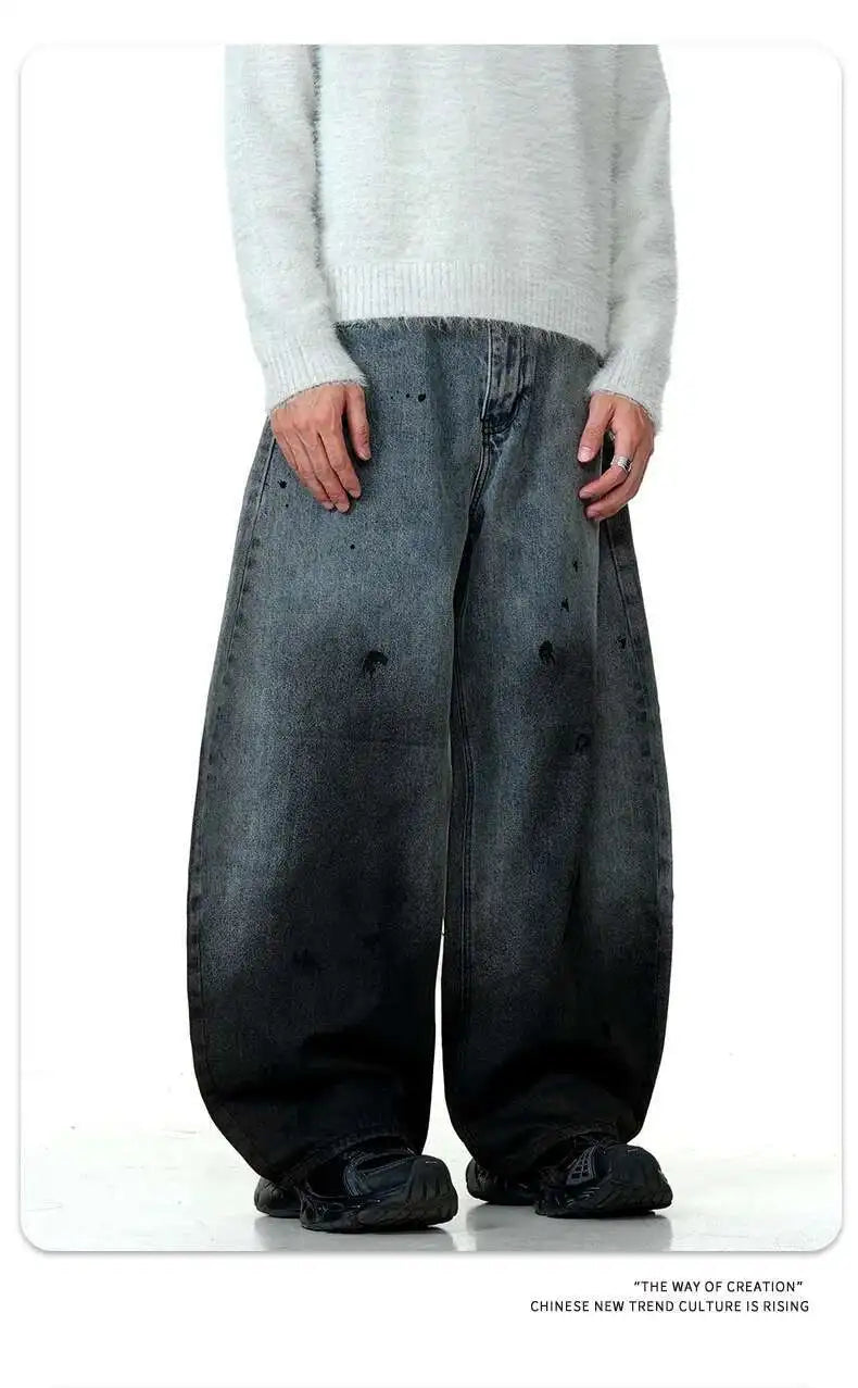 Men's Jeans New American Curved Knife Tide Denim Pants Wide Legs Loose Solid Color Male Trousers Spring 2025 XL38