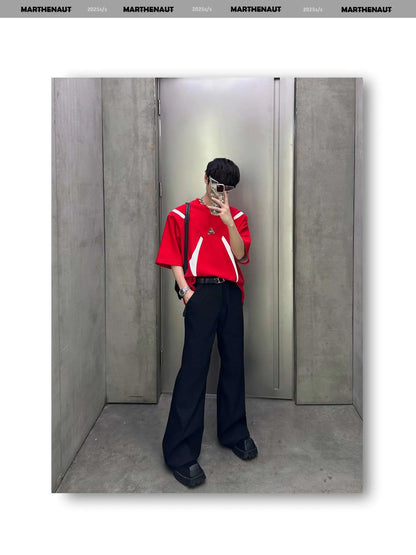 Contrast Color Patchwork Men's Tees Metal Detachable Shoulder Pads New Short Sleeved O-neck Male T-shirts XL36
