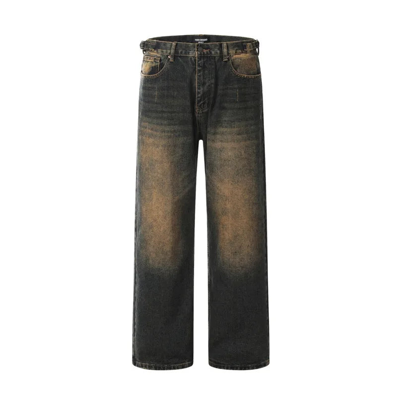 American Style Men's Jeans Washing Contrast Color Worn-out Trousers Straight Wide Leg Male Denim Pants New Summer 9C8884 XL49