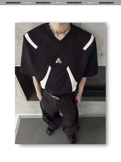 Contrast Color Patchwork Men's Tees Metal Detachable Shoulder Pads New Short Sleeved O-neck Male T-shirts XL36