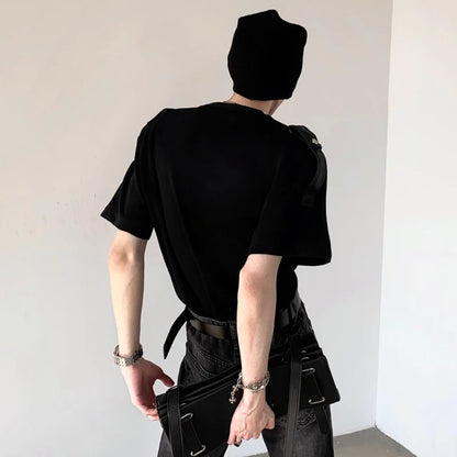 Niche Design Men's Tees Round Neck Metal Shoulder Padded Deconstruction Solid Color Loose Ribbon Male T-shirts New XL36