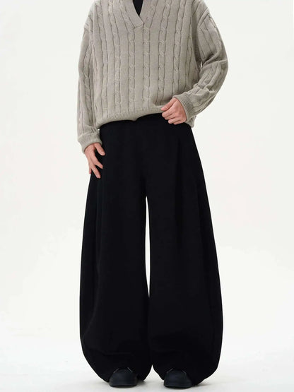 Pleated Design Men's Casual Pants Solid Color Elastic Waist Wide Leg Sweatpants Silhouette All-match Male Bottom New 9W1052 XL58