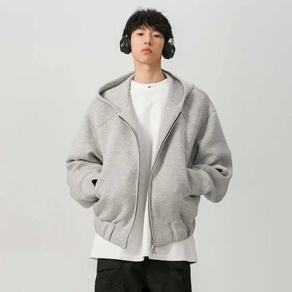 New Spring Men's Hoodies Hooded Zipper Structure Solid Color Loose Short Menswear Tops Casual Male Sweatshirts New 9W590 XL42