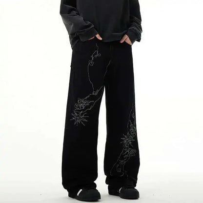 American Style Men's Denim Pants Embroidery Contrast Color XL32