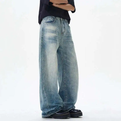 Korean Style Men's Denim Pants Solid Color Washing Moustache Effect New Spring Straight Wide Leg Loose Male Jeans 9W1188 XL53