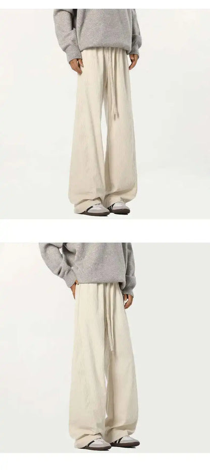 Elastic Waist Men's Casual Pants Solid Color Drawstring Straight Corduroy Machete Trousers Wide Leg Male Bottom 2025 9W588 XL57