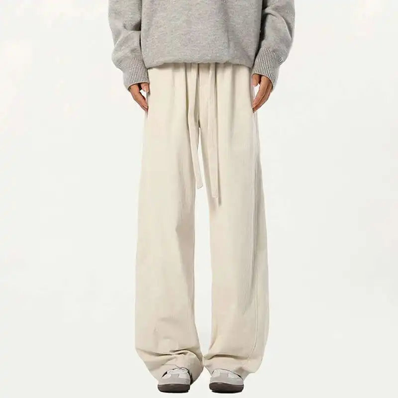 Elastic Waist Men's Casual Pants Solid Color Drawstring Straight Corduroy Machete Trousers Wide Leg Male Bottom 2025 9W588 XL57
