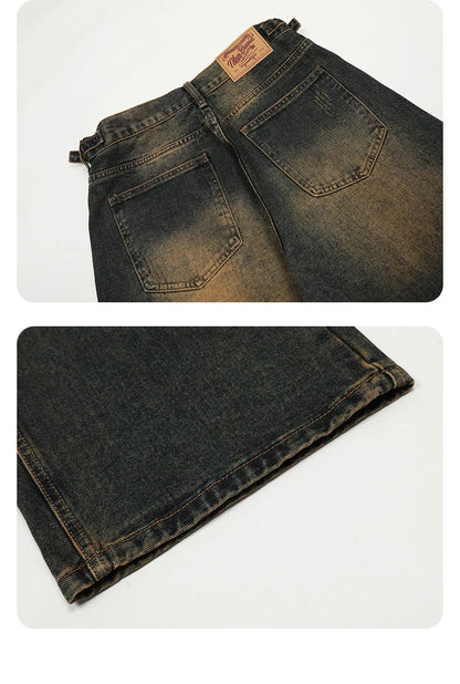 American Style Men's Jeans Washing Contrast Color Worn-out Trousers Straight Wide Leg Male Denim Pants New Summer 9C8884 XL49