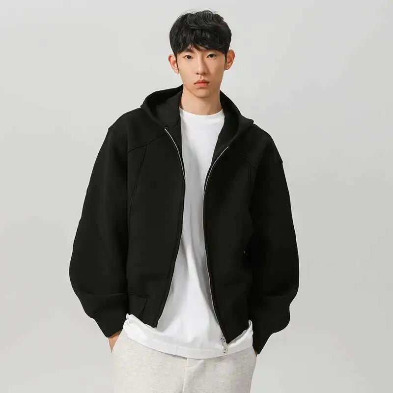 New Spring Men's Hoodies Hooded Zipper Structure Solid Color Loose Short Menswear Tops Casual Male Sweatshirts New 9W590 XL42