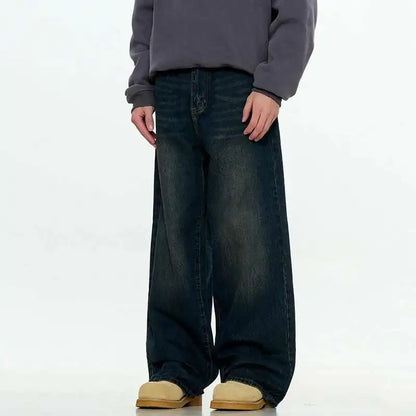 Simple Men's Denim Trousers Solid Color Casual Worn-out Washing Straight Bottom Wide Leg Loose Male Jeans Fashion 9W431 XL54