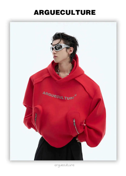 Korean Style Men's Hoodies Patchwork Three-dimensional Pockets Shoulder Pads Letter Printing Loose Male Sweatshirts XL35