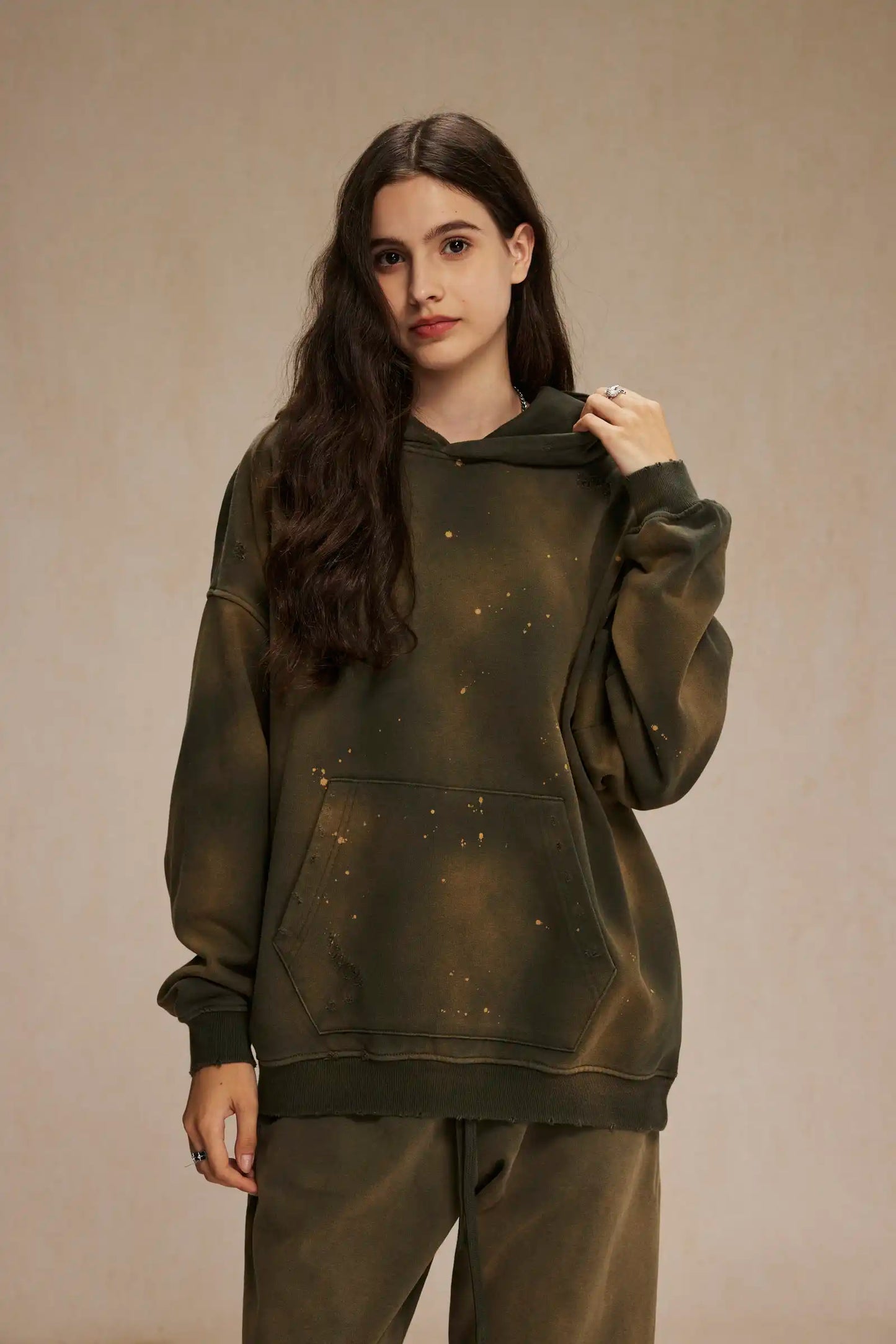Spray-stained ink holes worn hoodie　XL43