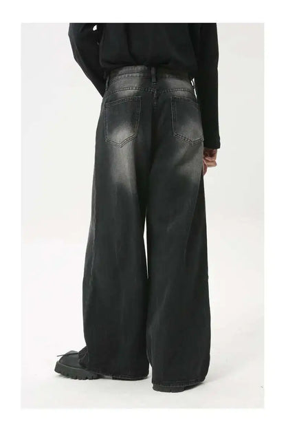 American Style Male Jeans Loose Zipper Wide-leg Washed Denim Pants High Street Summer New Trendy Trousers 2024 9C6160 XL50