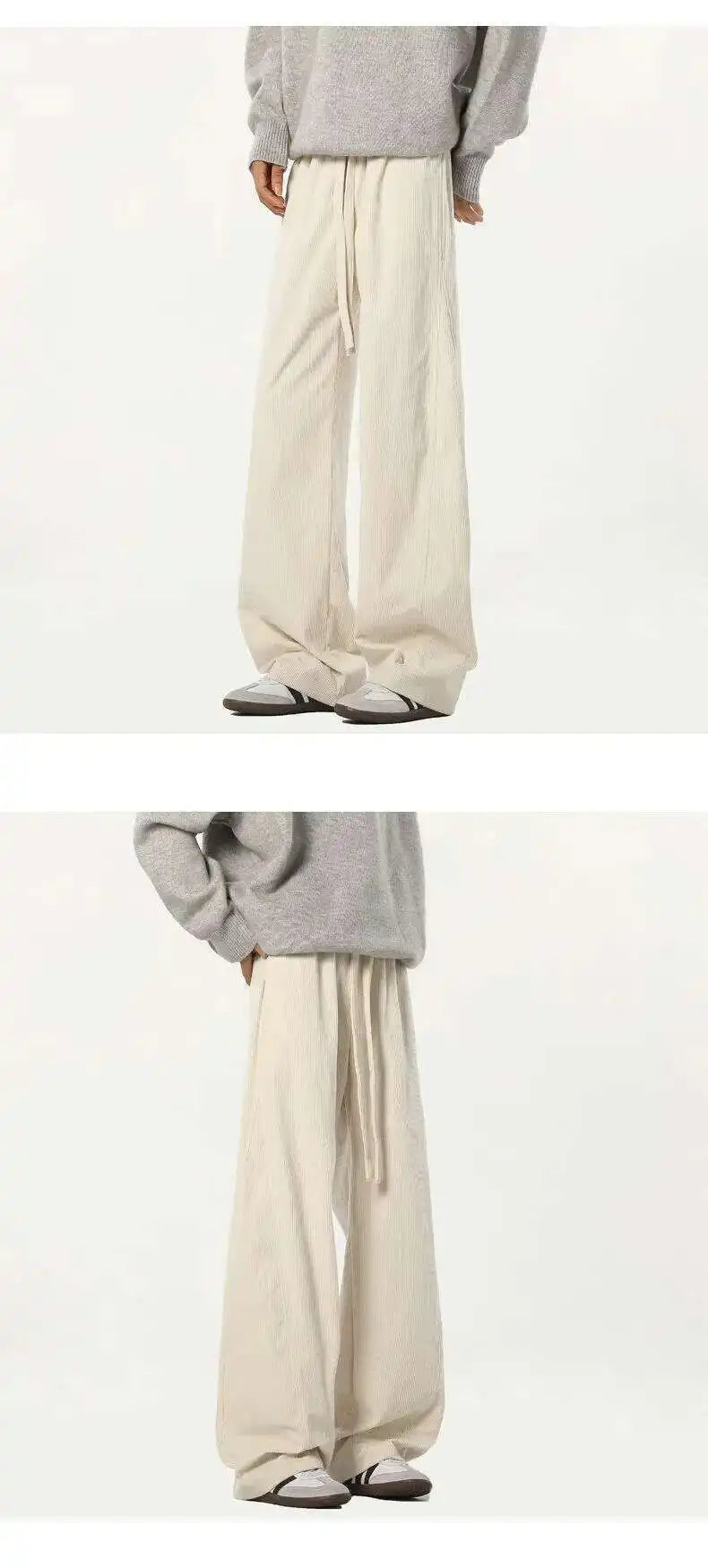 Elastic Waist Men's Casual Pants Solid Color Drawstring Straight Corduroy Machete Trousers Wide Leg Male Bottom 2025 9W588 XL57