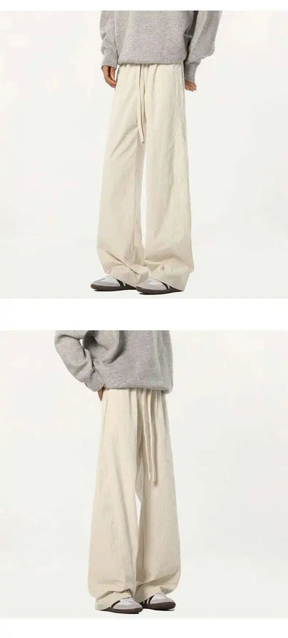 Elastic Waist Men's Casual Pants Solid Color Drawstring Straight Corduroy Machete Trousers Wide Leg Male Bottom 2025 9W588 XL57