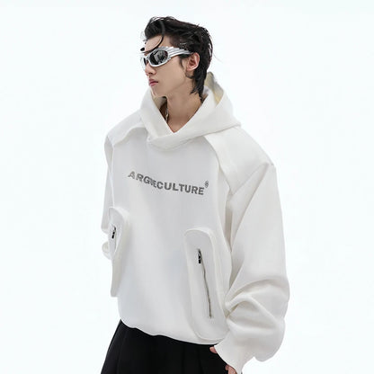 Korean Style Men's Hoodies Patchwork Three-dimensional Pockets Shoulder Pads Letter Printing Loose Male Sweatshirts XL35