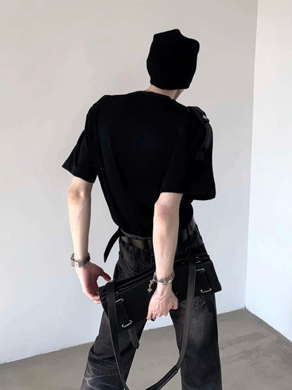 Niche Design Men's Tees Round Neck Metal Shoulder Padded Deconstruction Solid Color Loose Ribbon Male T-shirts New XL36