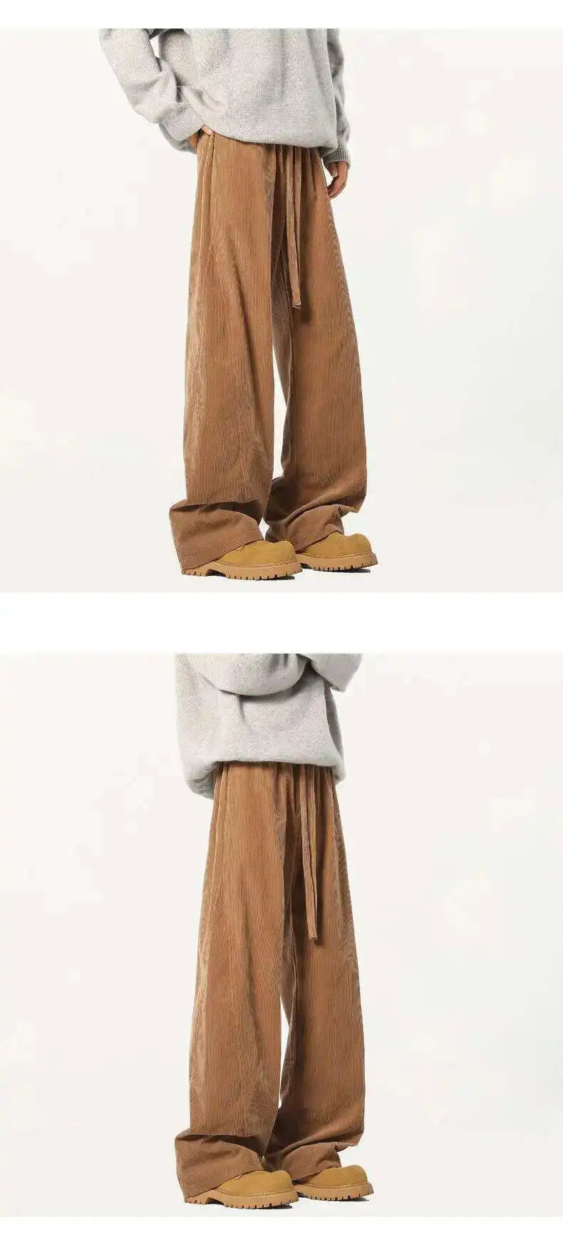 Elastic Waist Men's Casual Pants Solid Color Drawstring Straight Corduroy Machete Trousers Wide Leg Male Bottom 2025 9W588 XL57