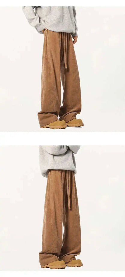 Elastic Waist Men's Casual Pants Solid Color Drawstring Straight Corduroy Machete Trousers Wide Leg Male Bottom 2025 9W588 XL57