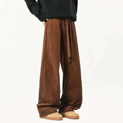 Elastic Waist Men's Casual Pants Solid Color Drawstring Straight Corduroy Machete Trousers Wide Leg Male Bottom 2025 9W588 XL57