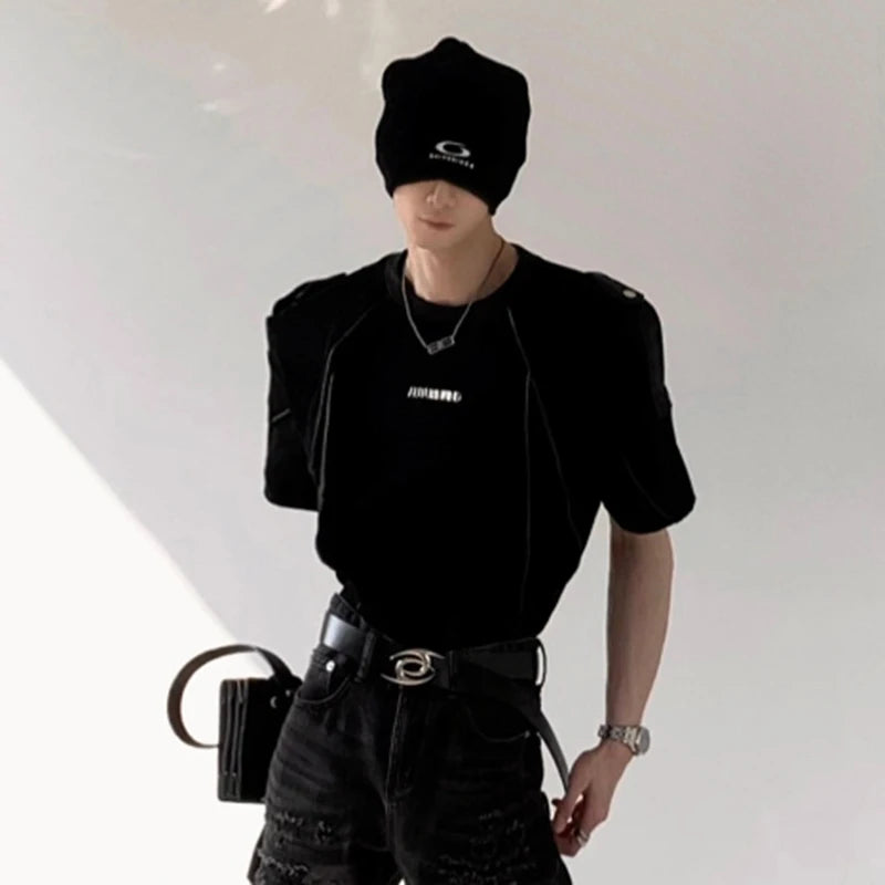 Niche Design Men's Tees Round Neck Metal Shoulder Padded Deconstruction Solid Color Loose Ribbon Male T-shirts New XL36