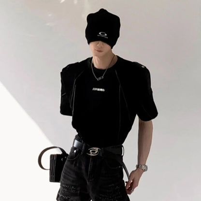 Niche Design Men's Tees Round Neck Metal Shoulder Padded Deconstruction Solid Color Loose Ribbon Male T-shirts New XL36