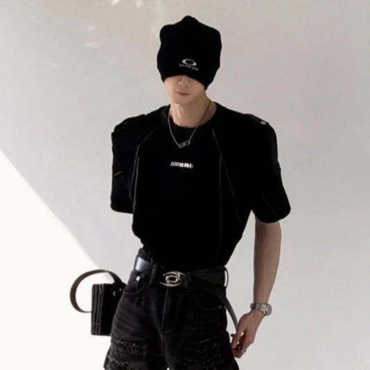 Niche Design Men's Tees Round Neck Metal Shoulder Padded Deconstruction Solid Color Loose Ribbon Male T-shirts New XL36