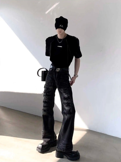 Niche Design Men's Tees Round Neck Metal Shoulder Padded Deconstruction Solid Color Loose Ribbon Male T-shirts New XL36