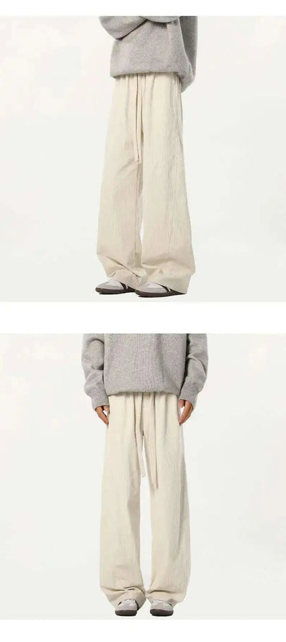 Elastic Waist Men's Casual Pants Solid Color Drawstring Straight Corduroy Machete Trousers Wide Leg Male Bottom 2025 9W588 XL57