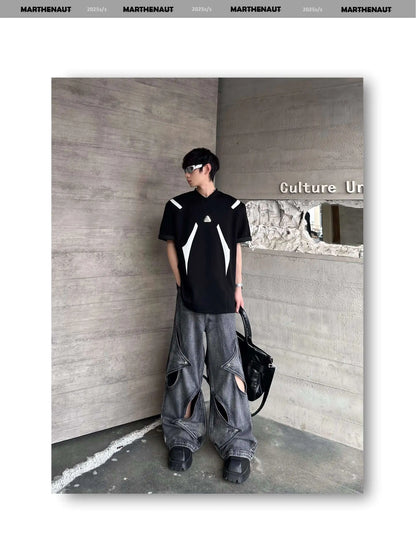 Contrast Color Patchwork Men's Tees Metal Detachable Shoulder Pads New Short Sleeved O-neck Male T-shirts XL36