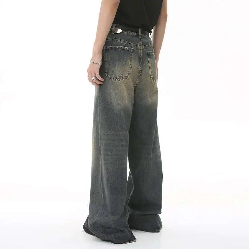 Men's Vintage Jeans Fashion Washed Street Casual Wide Leg Denim Pants Summer Distressed Loose Male Versatile Trousers 9C354 XL55