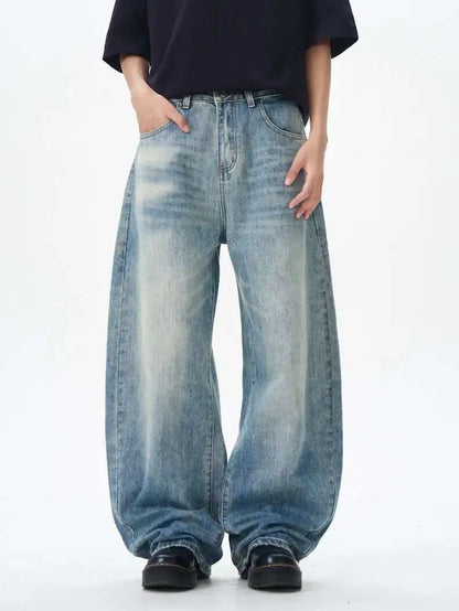 Korean Style Men's Denim Pants Solid Color Washing Moustache Effect New Spring Straight Wide Leg Loose Male Jeans 9W1188 XL53