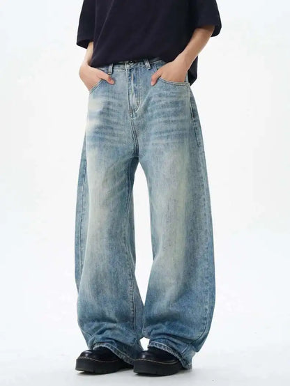 Korean Style Men's Denim Pants Solid Color Washing Moustache Effect New Spring Straight Wide Leg Loose Male Jeans 9W1188 XL53