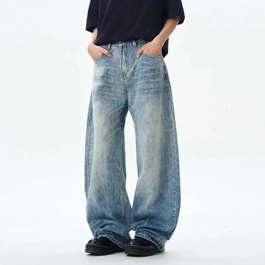 Korean Style Men's Denim Pants Solid Color Washing Moustache Effect New Spring Straight Wide Leg Loose Male Jeans 9W1188 XL53