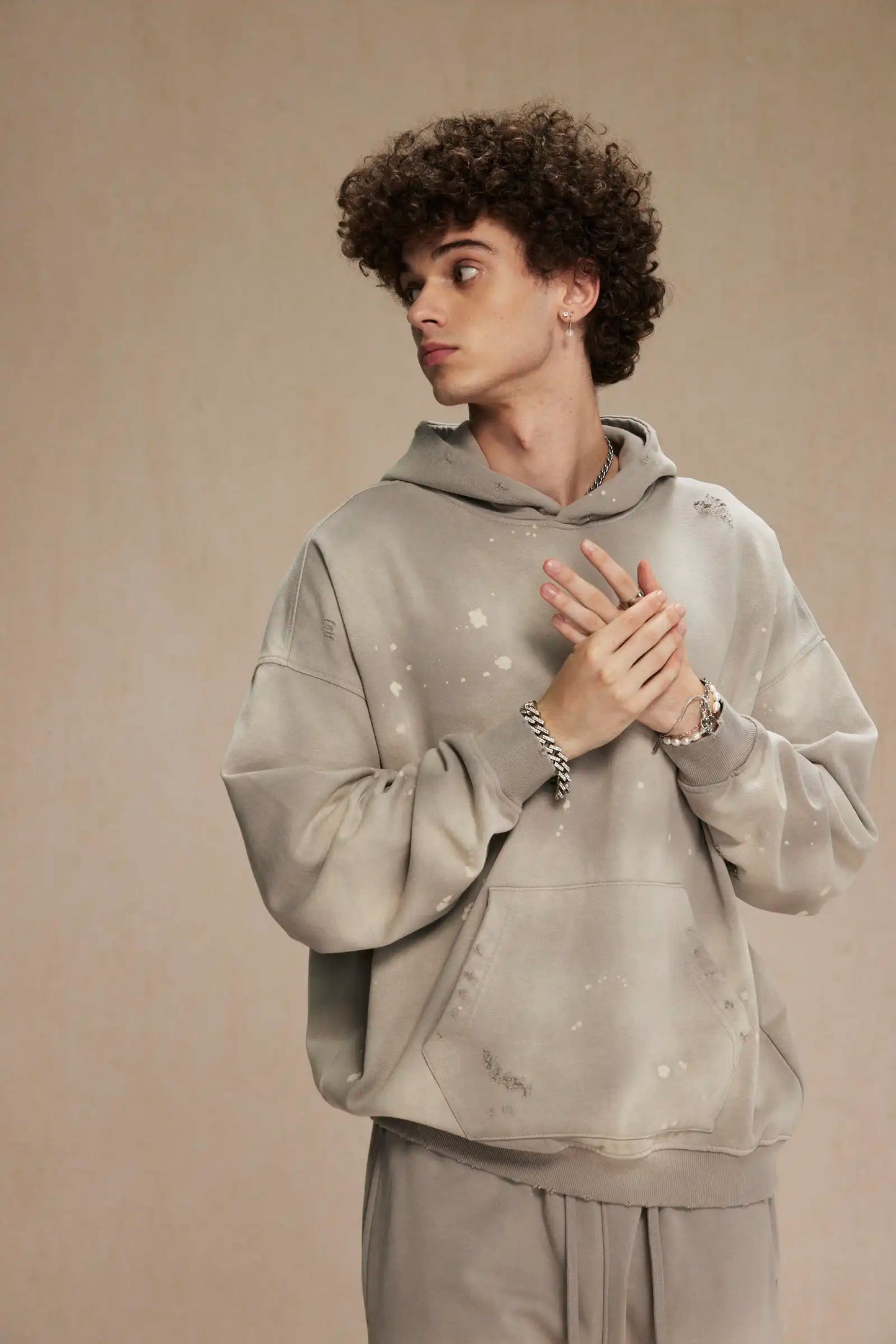 Spray-stained ink holes worn hoodie　XL43