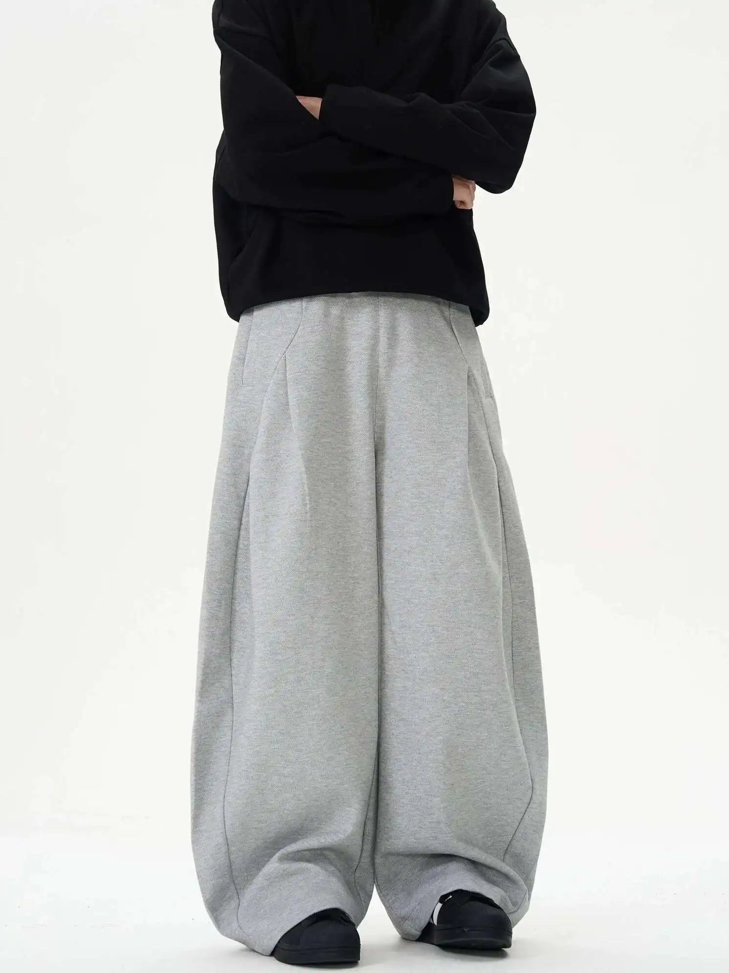 Pleated Design Men's Casual Pants Solid Color Elastic Waist Wide Leg Sweatpants Silhouette All-match Male Bottom New 9W1052 XL58