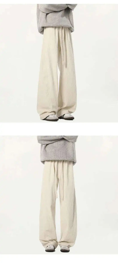 Elastic Waist Men's Casual Pants Solid Color Drawstring Straight Corduroy Machete Trousers Wide Leg Male Bottom 2025 9W588 XL57