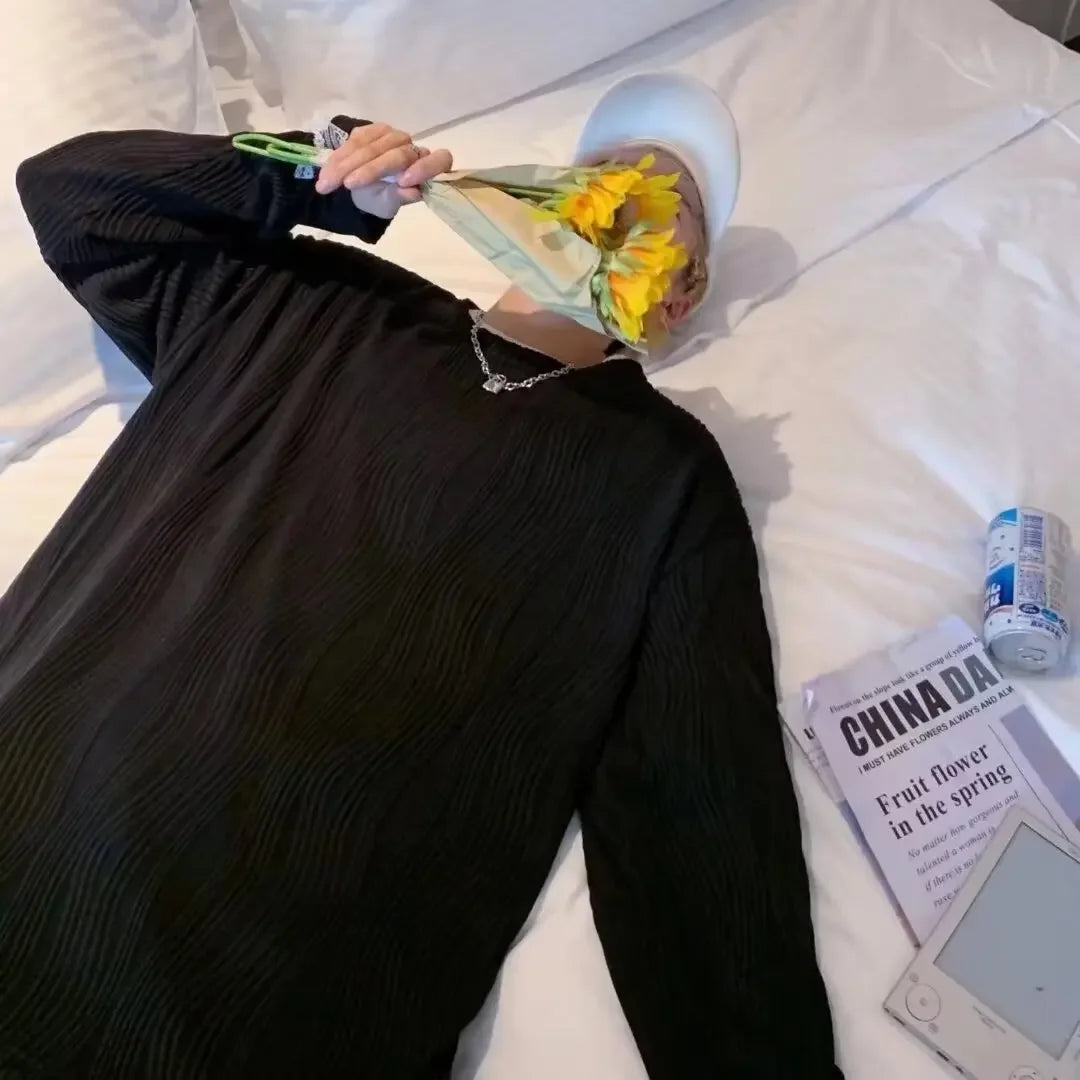 韓国系、オーバーサイズ、ストライプ、ルーズフィットネックTシャツ XL9