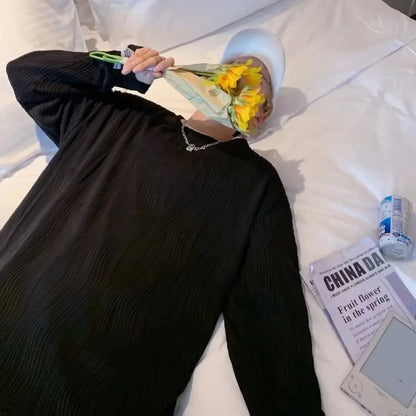 韓国系、オーバーサイズ、ストライプ、ルーズフィットネックTシャツ XL9